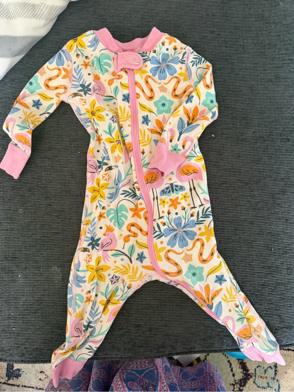 Hanna Andersson Floral & Animal Print Footie in Pink, Yellow, Blue, Green